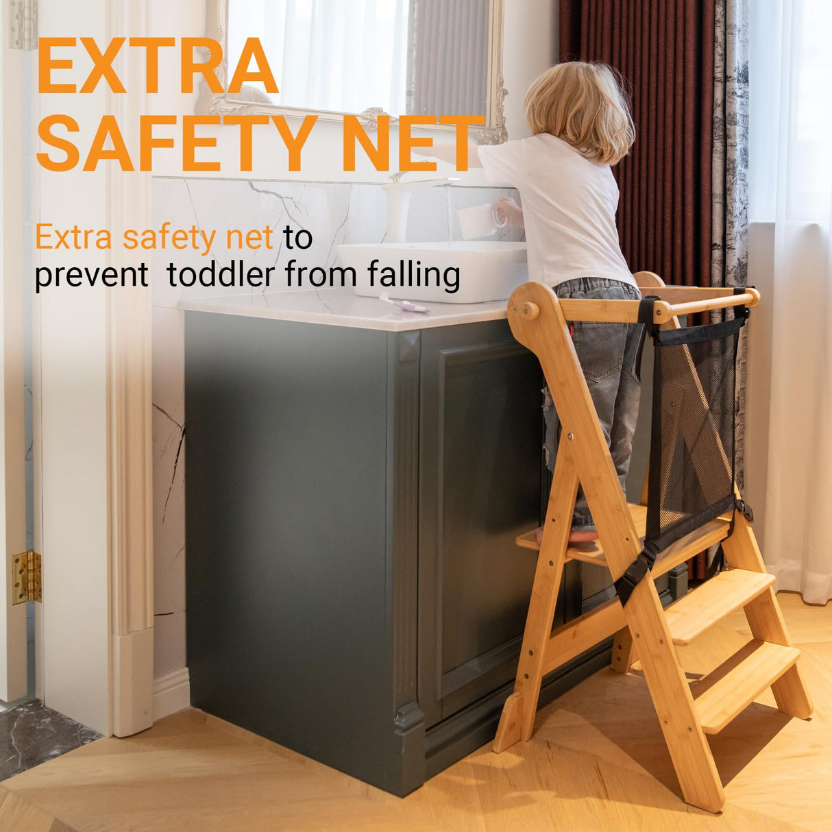 COSYLAND Foldable Toddler Standing Tower - Adjustable Height Folding Step Stool Kids Toddler Kitchen Stool Helper for Learning and Cooking - Ages 18 Months to 6 Years with Safety net Natural COSYLAND