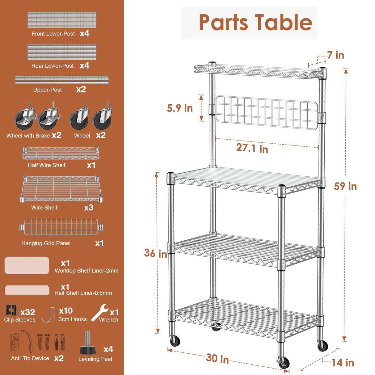 Leteuke Bakers Rack for Kitchen with Storage, NSF Certified 4-Tier Adjustable Coffee Bar with Wheels 10 S-Hooks Microwave Stand Kitchen Storage Shelf Metal Storage Rack 30 x 14 x 59 Inches, Chrome Leteuke