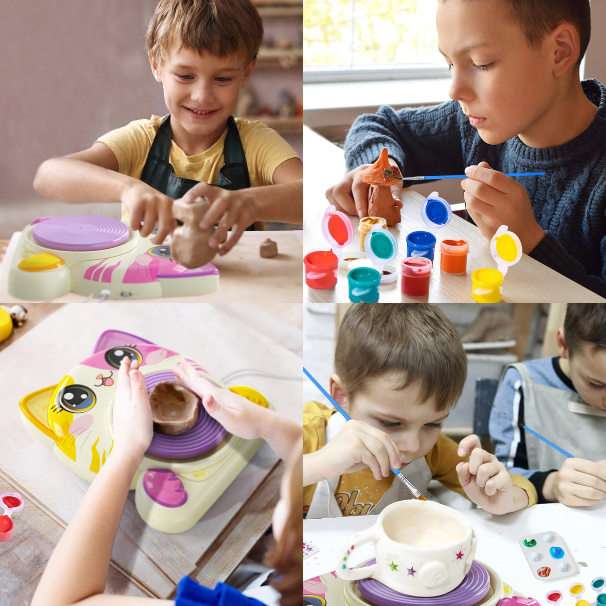 Roaxkois Pottery Wheel for Kids โ Complete DIY Arts & Crafts Painting Kit with Air Dry Clay, Paints, Tools, Apron & Stickers โ Creative Gift for Girls & Boys Ages 6 7 8 9 10 11 12+ Roaxkois