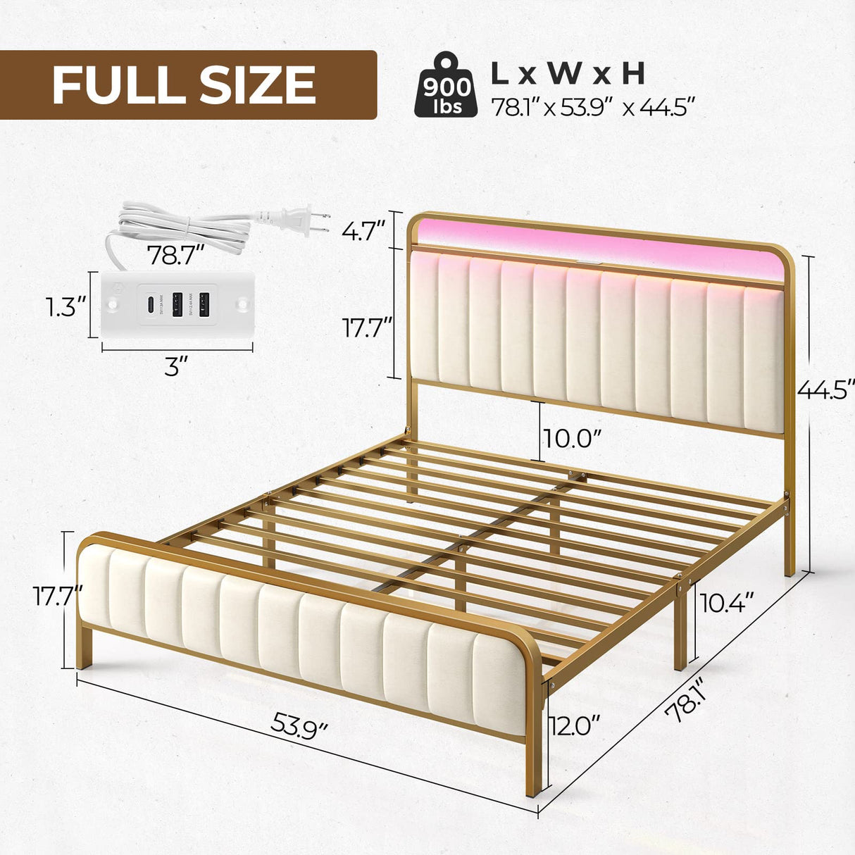 Rolanstar Full Size Bed Frame with LED Light and Charging Station, Upholstered Headboard and Footboard, Metal Slat, Noise Free, Easy Assembly, Golden Rolanstar