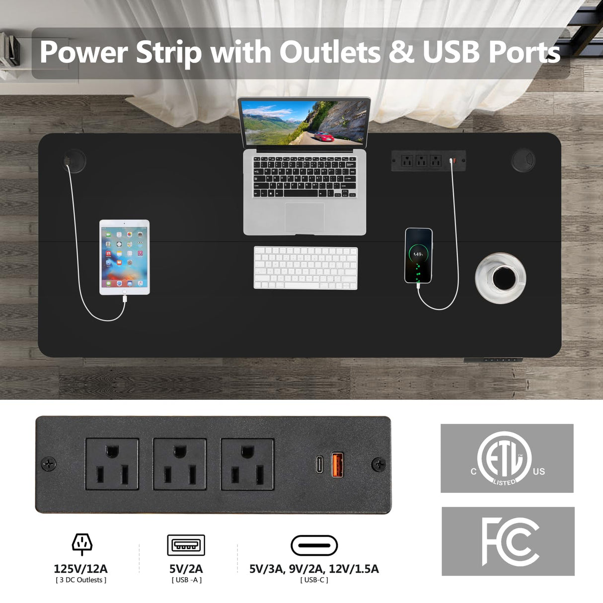 Legooin Electric Standing Desk, 48'' X 24'' Adjustable Height Stand Up Desk with Charging Station, 2 USB Ports, 3 Power Outlets, 27''-46'' Lifting Range Adjustable Desk(Black) Legooin