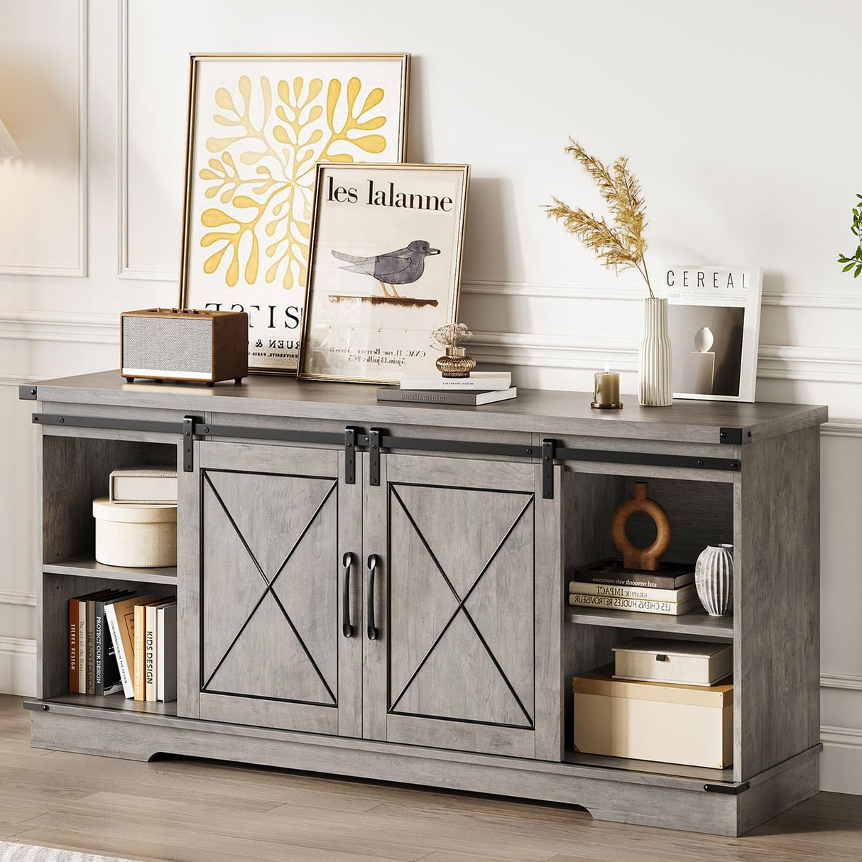 CABIHOME Farmhouse TV Stand and Entertainment Center for TV Up to 65 Inches with Sliding Barn Doors and Adjustable Shelf, TV Media Storage Console Table and Furniture for Living Room, Bedroom, Grey CABIHOME