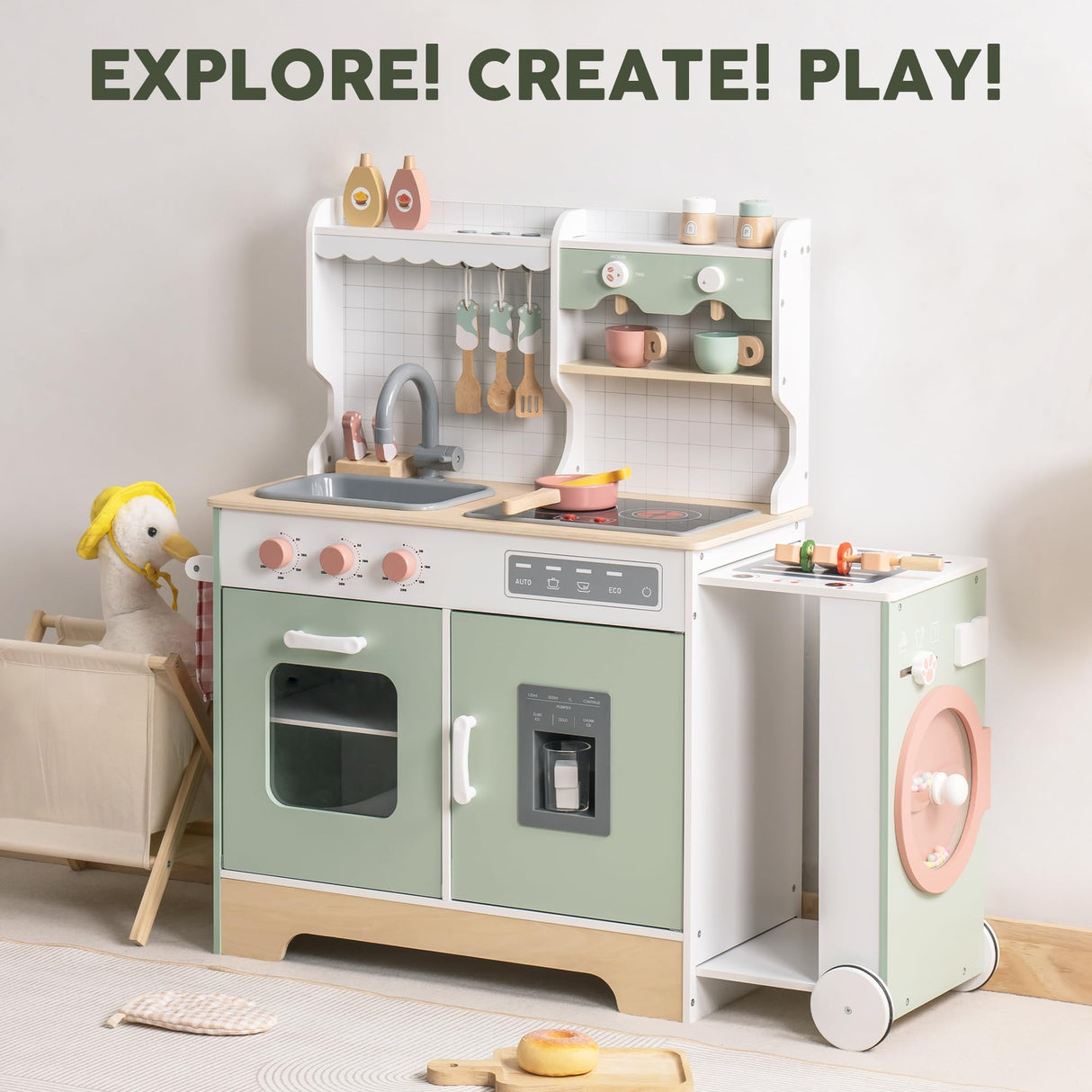 ROBOTIME Wooden Kitchen Playset, Kids Play Kitchen with Ice Maker, BBQ and Dishwasher. Pretend Toddler Kitchen with Lights & Sounds for Ages 3+ ROBOTIME