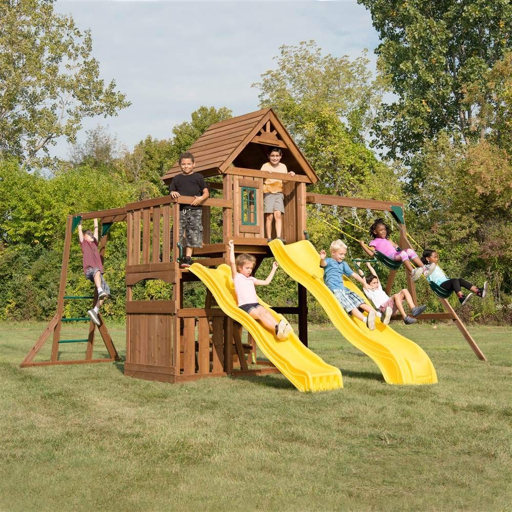 Swing-N-Slide WS 8356 Wooden Timberview Play Set with Two Slides, Monkey Bars, Wood Roof, Climbing Wall and Swings, Wood , Brown Swing-N-Slide
