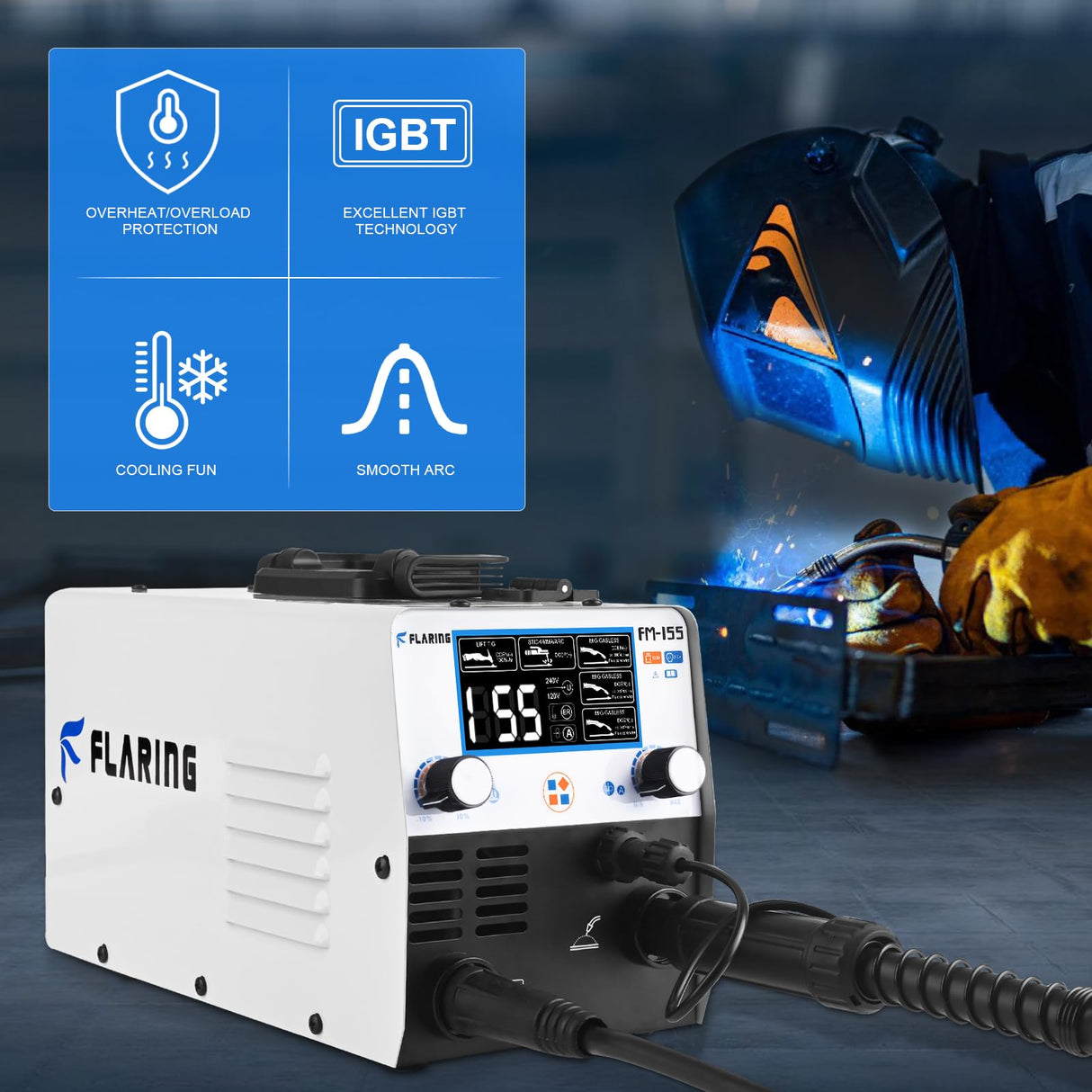 FLARING 155Amp MIG Welder, 110V Flux Core Welder Flux MIG/Lift TIG/Stick 3-in-1 Large LED Digital Display Welding Machine IGBT Inverter Gasless Welder Update FM155 FLARING