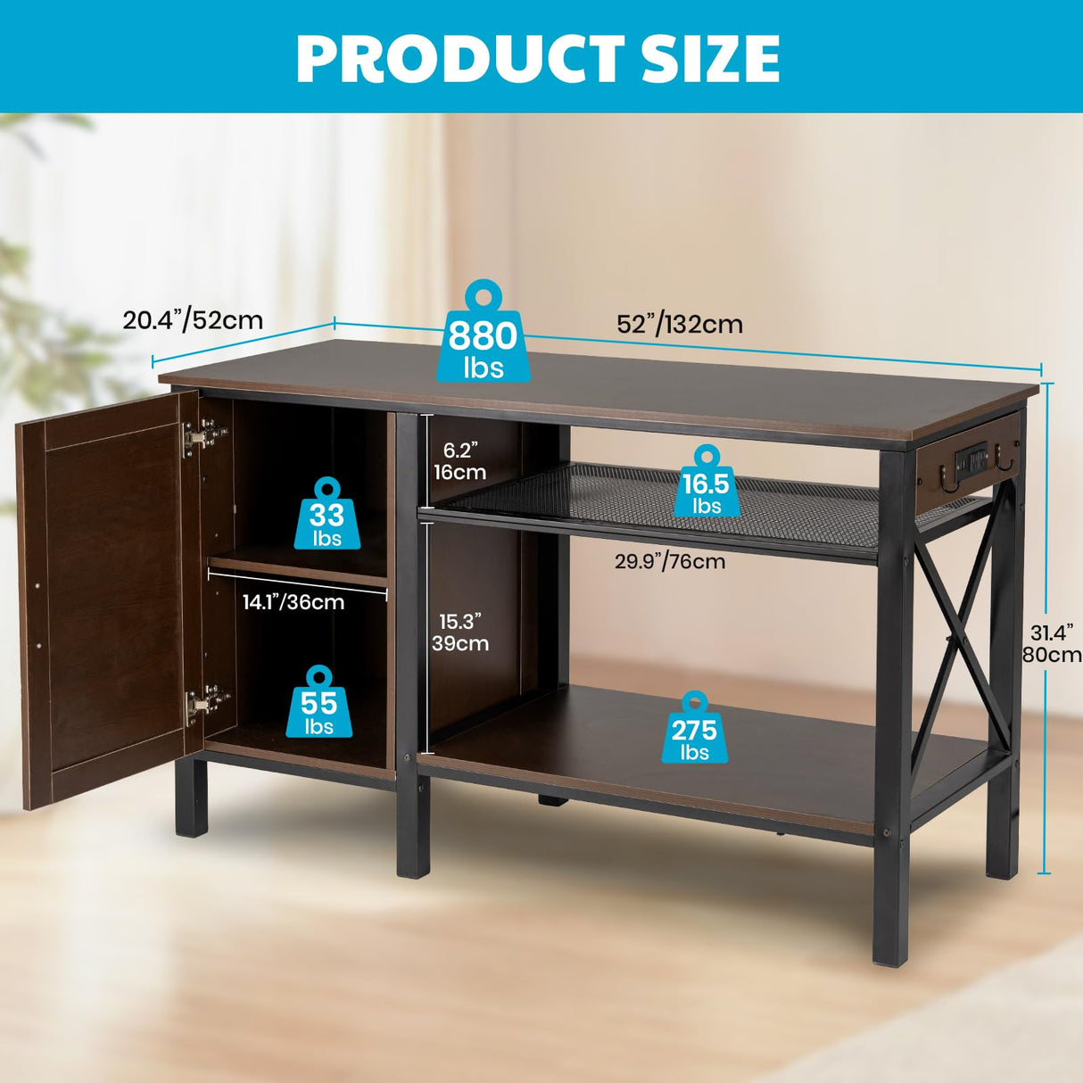 PAWZOO 55-75 Gallon Fish Tank Stand - Heavy Duty Aquarium Stand with Power Outlets, Cabinet for Fish Tank Accessories Storage, Metal Frame, Suitable for Fish Tank, Turtle Tank, 880LBS Capacity, Brown PAWZOO