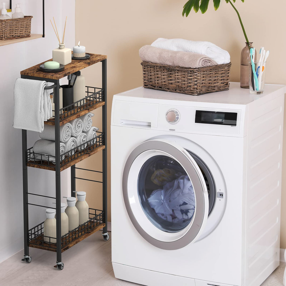 Slim Storage Cart Rolling Kitchen Cart with Wheels Narrow Laundry Storage Utility Cart 4 Tier Bathroom Mobile Shelving Unit Organizer with Wood Tabletop Trolly Cart with Handle for Small Spaces, Brown NORCEESAN