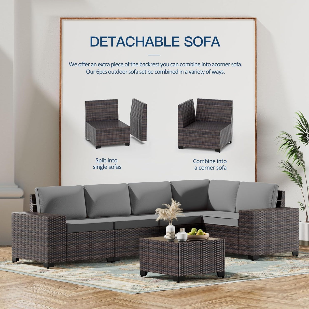 Kullavik Outdoor Patio Furniture Set,12 Pieces Sectional Rattan Sofa Set Brown PE Rattan Wicker Patio Conversation Set with 10 Seat Cushions and 2 Tempered Glass Coffee Table,Grey Kullavik