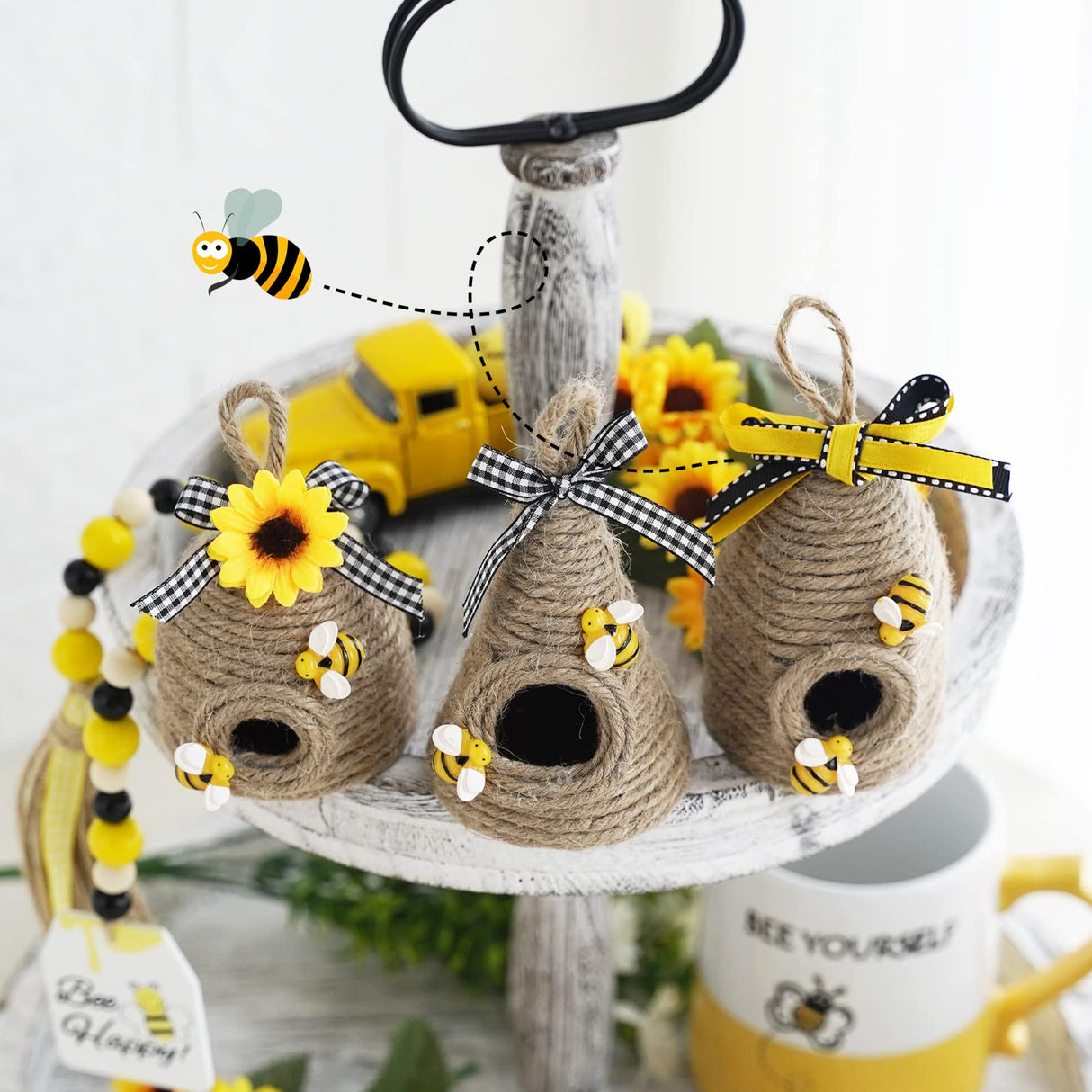 Rustic Bumble Bee Hive Decor - 3 Pack Natural Bee House, Spring/Summer Farmhouse Kitchen Table Tiered Tray Decor CRCZK