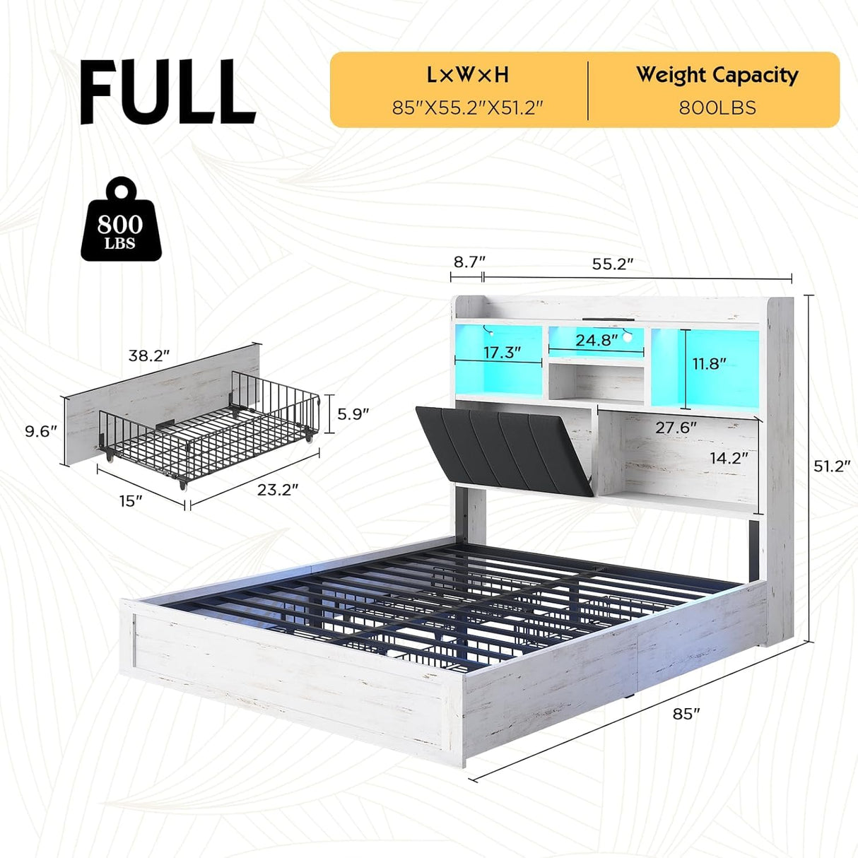 LUXOAK Full LED Bed Frame with Bookcase Headboard and 4 Drawers,Farmhouse Storage Bed with Charging Station & Linen Upholstered, No Box Spring Needed, Distressed White LUXOAK