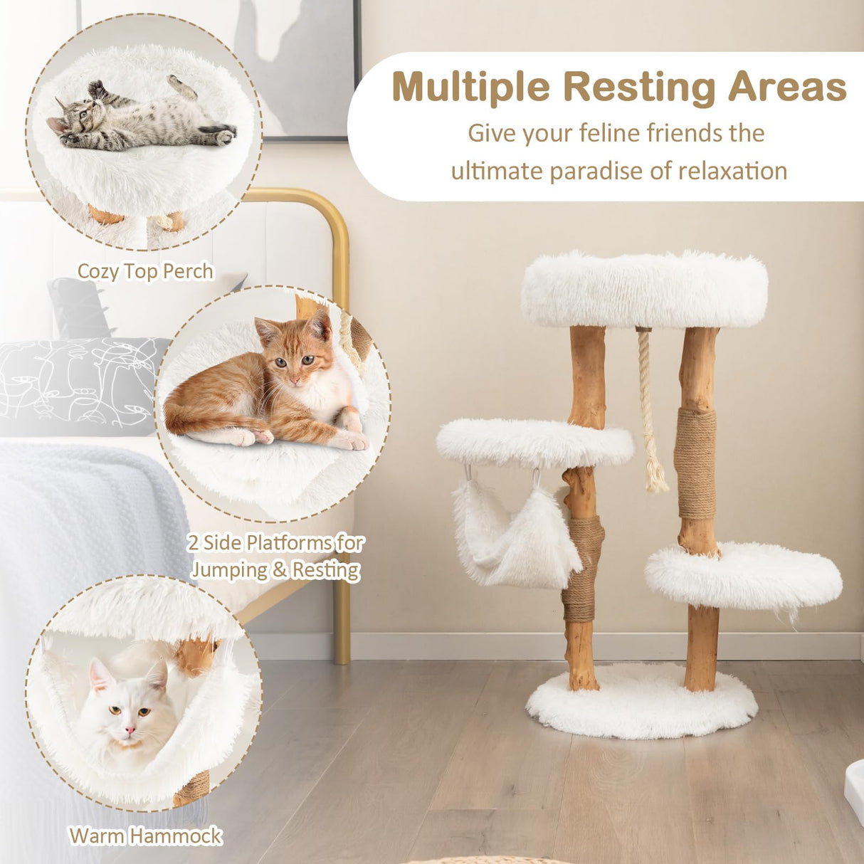 PETSITE 34 inch Wooden Cat Tree, Solid Wood Modern Cat Tower with Jute Scratching Posts, Sisal Rope, Cozy Top Perch and Hammock, Soft Long Plush Pear Wood Cute Cat Tree for Indoor Cats Large PETSITE
