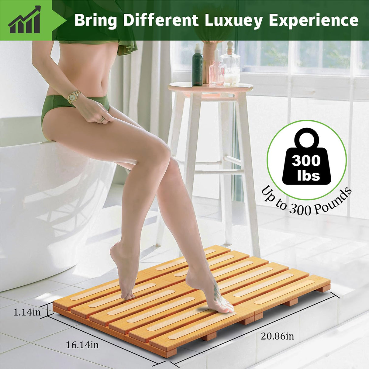 Bamboo Bath Mat for Shower, Dual Anti-Slip for Surface & Bottom, Waterproof Foldable Shower Mat, Easy to Carry and Storage, Wonderful for Indoor Outdoor ( Natural, 20.86×13.77×1.14 Inches) JOJOZOO