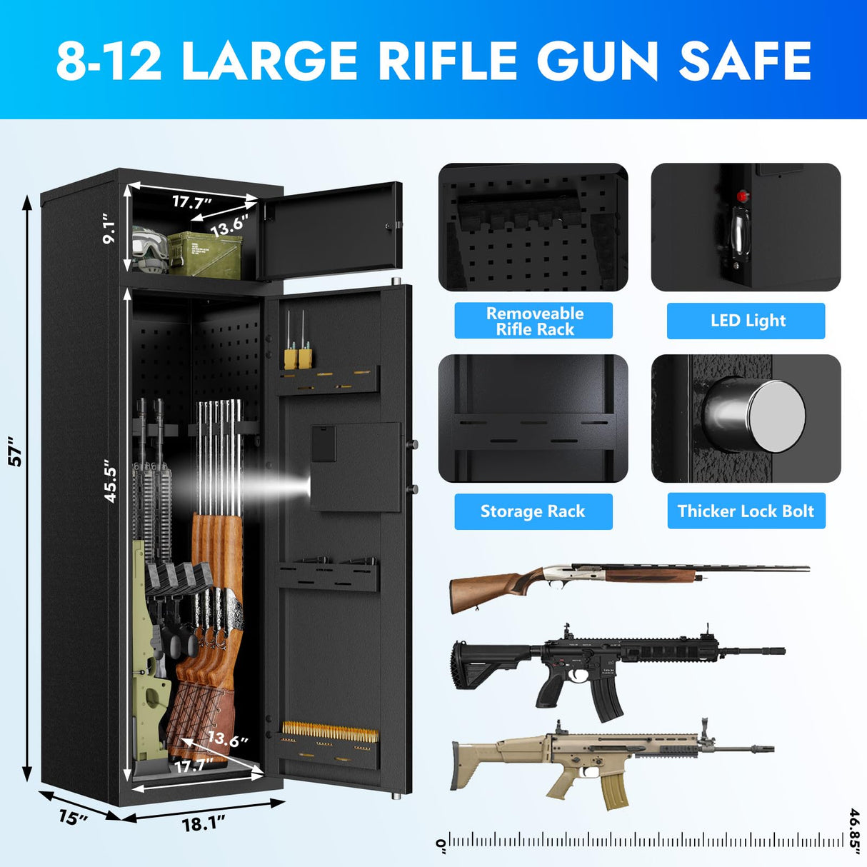 Karini 8-12 Gun Safe for Rifles and Pistols Large Rifle Safe with Electronic Combination Lock & Separate Storage 3 Removable Shelves 180° Door for Garage Bedroom & Shooting Club Karini