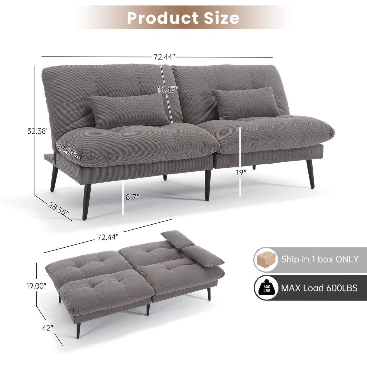 ASAHREE 72'' Corduroy Futon Convertible Sofa Couch,Comfy Sleeper Sofa Bed with Adjustable Backrest, Modern Futon Loveseat for Living Room, Bedroom, Office, Apartment, Dorm, Grey ASAHREE