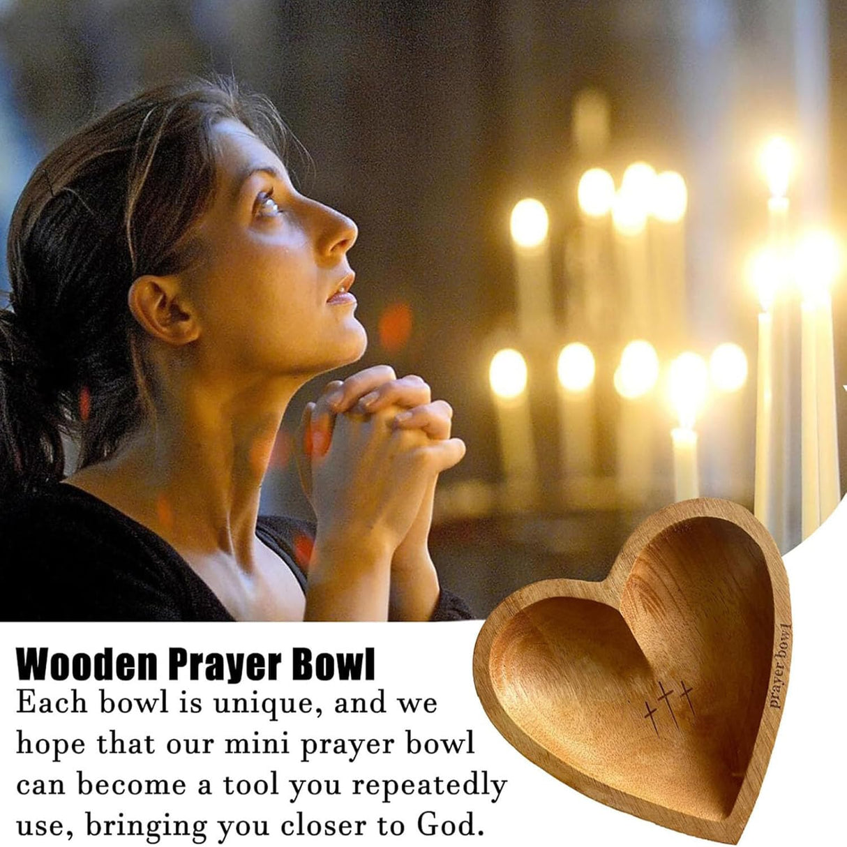 BIXMK Prayer Bowl,Prayer Bowl Wooden with Cards,Wooden Heart Prayer Bowl with Cross,Handcrafted Prayer Bowl for Women with 24 Prayer Cards,Wood Dough Bowl BIXMK