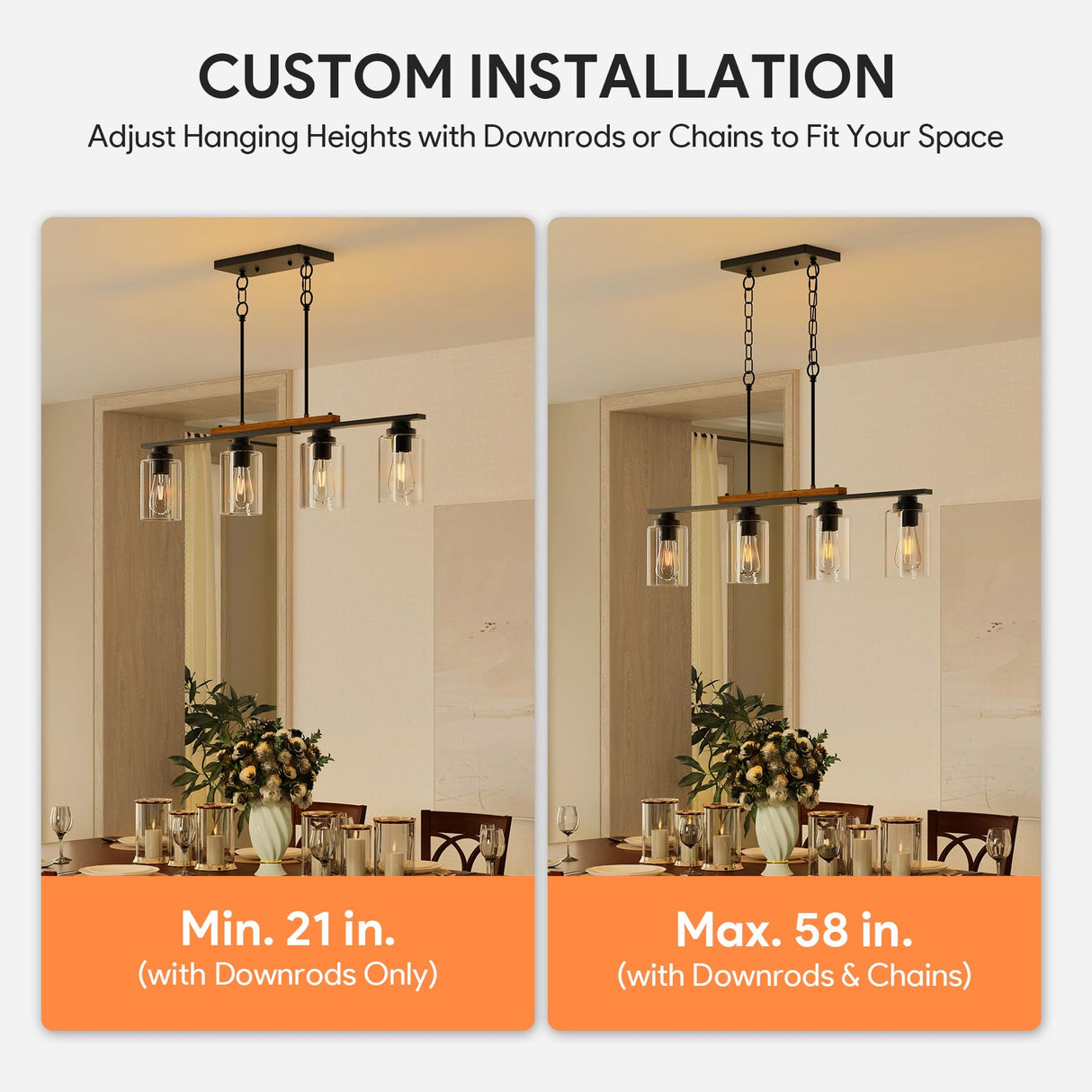 VONLUCE Dining Room Light Fixture Over Table, 4-Light Kitchen Island Lighting with Glass Shade and Adjustable Rods, Farmhouse Linear Chandelier Pendant Light for Kitchen Living Room, Matte Black VONLUCE