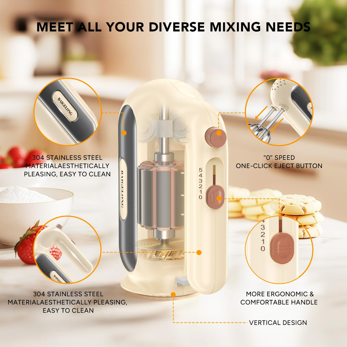 Hand Mixer Electric, 5-Speed Small Handheld Mixer, 2* (304 Dough Hooks & 304 Whisks) Food Mixer, Kitchen Mixer for Baking, Cream, Cookies, Dishwasher Safe BAIGELONG