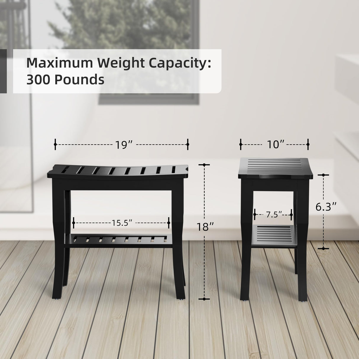 Bamboo Shower Bench & Stool Waterproof - Wood Shower Bench with Storage Shelf for Inside Shower(Black) Domax