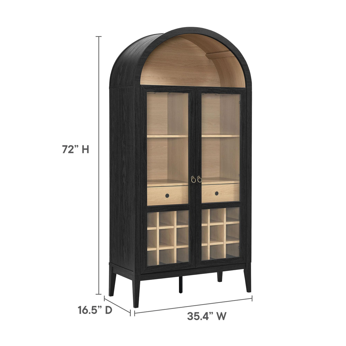 Modway Nolan Modern Farmhouse Arched Bar Cabinet in Black Wood Grain - 72 Inch Tall Wine Storage Cabinet with Glass Doors and Wine Rack - Large Liquor Cabinet for Dining or Living Room Modway