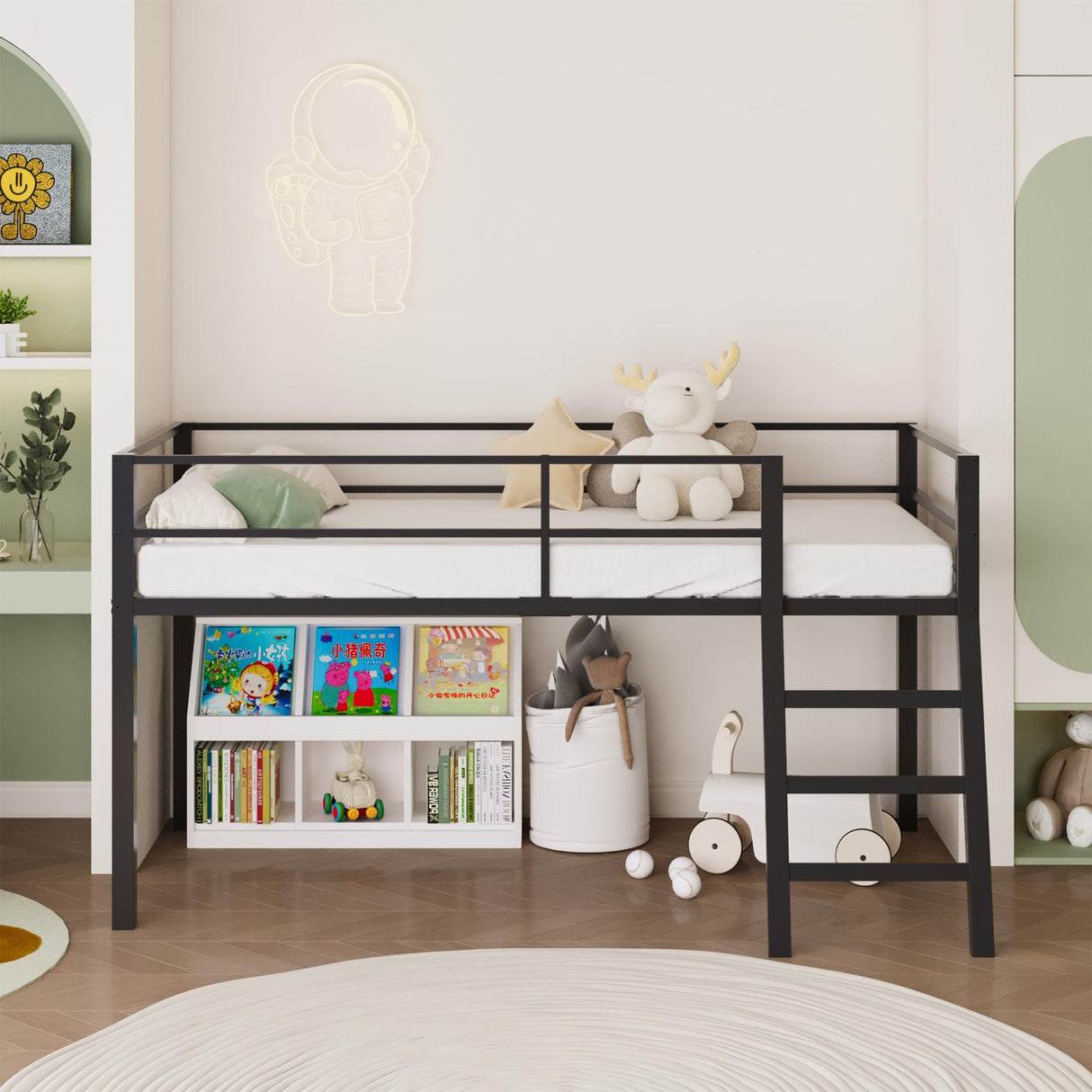 Lutown-Teen Low Loft Bed Twin Size, Junior Metal Twin Loft Bed with Stairs and Safety Guard, Noise Free for Small Bedroom, Black Lutown-Teen