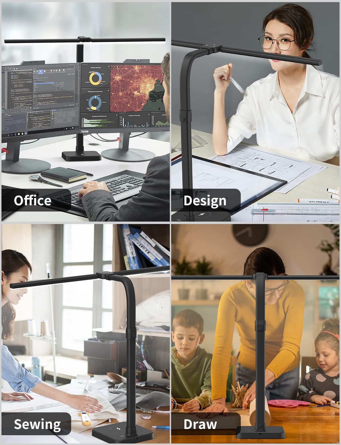 AKRRYR LED Desk Lamp for Home Office, Double Head 24W with USB Charging Port & Wireless Charger, Architect Light 5 Lighting Brightness Flexible Gooseneck Table Reading Study, Black AKRRYR