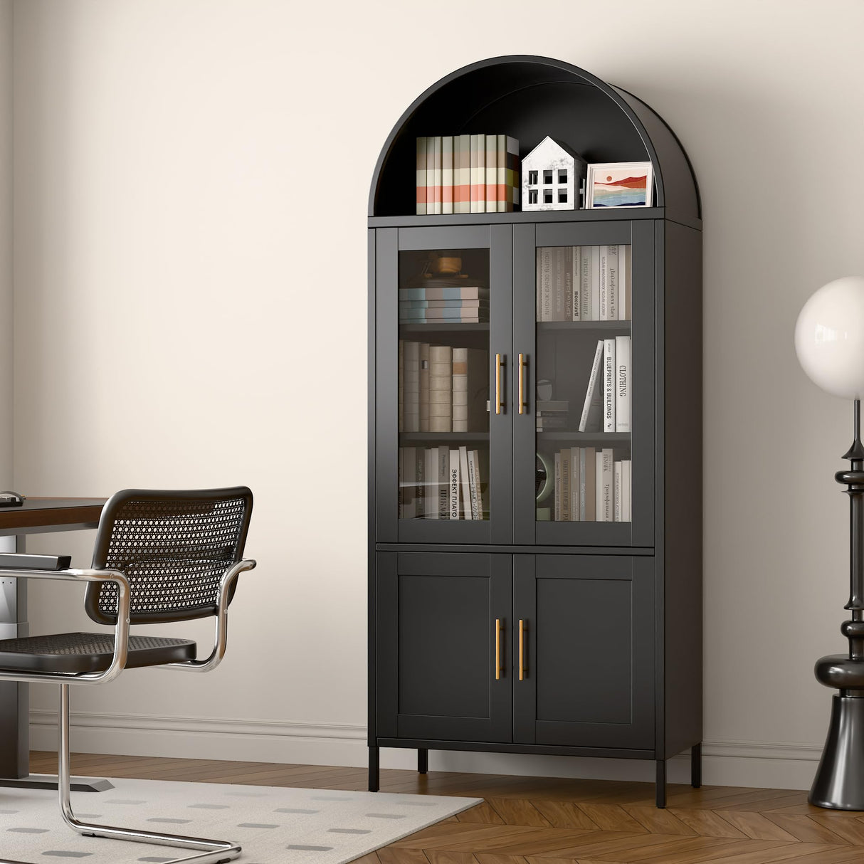 JAORD Metal Arched Cabinet, 73'' Arched Kitchen Pantry Storage Cabinet with Doors/Shelves, Black Arched Bookcase Display Cabinet for Home Office Bar Living Room, Assemble Require JAORD