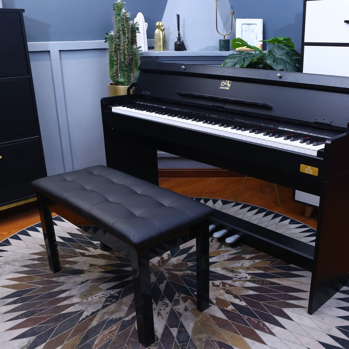 AODSK Black Wooden Duet Piano Bench with Padded Cushion and Storage Compartment AODSK