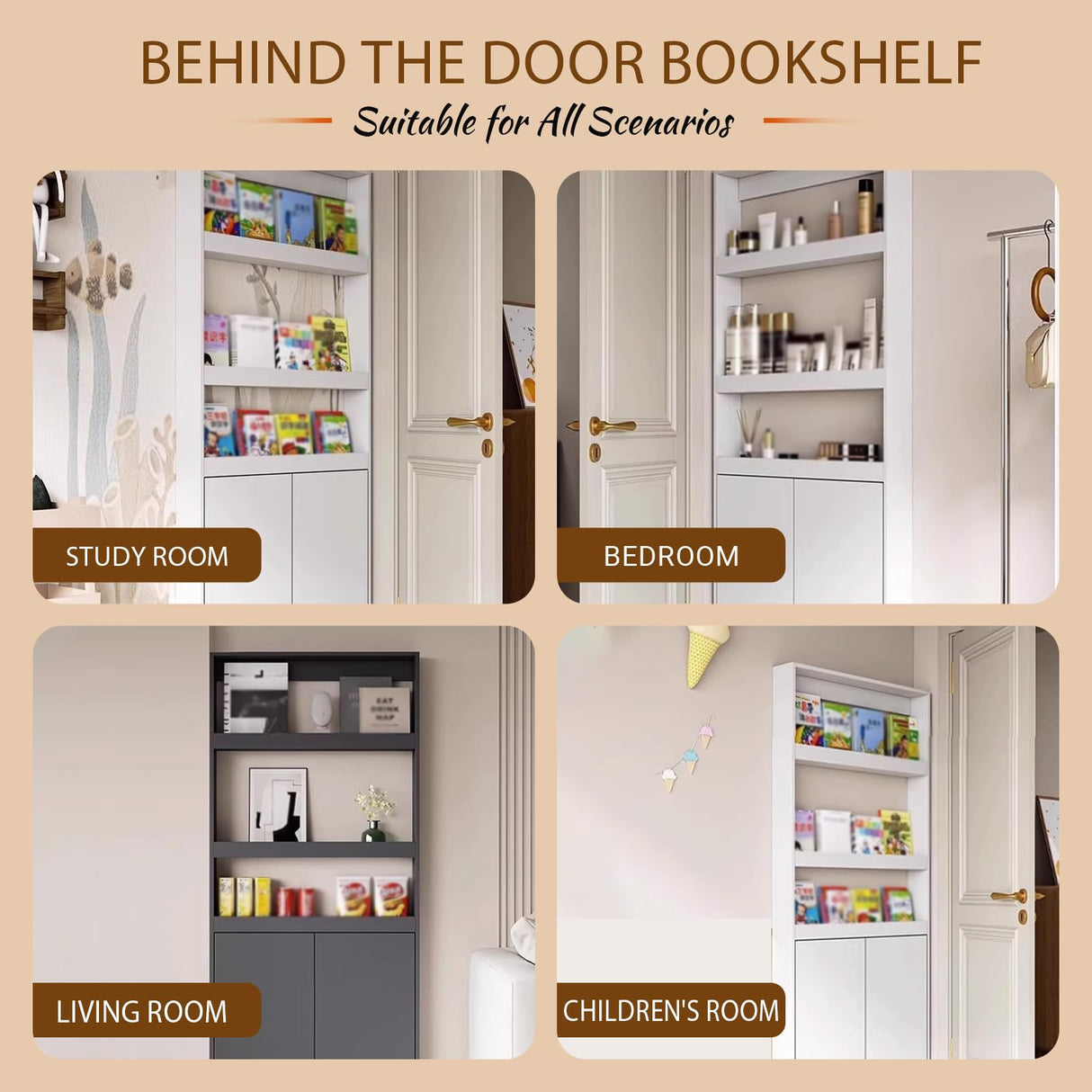 Book Shelf, Behind the Door Bookshelf with Shelves 5 Shelf Bookcase with Doors, Hidden Storage Behind Door with Baffle for Living Room Bedroom Children's Room White 31.5''*4.7''*70.9''(four-door) LINLIUA