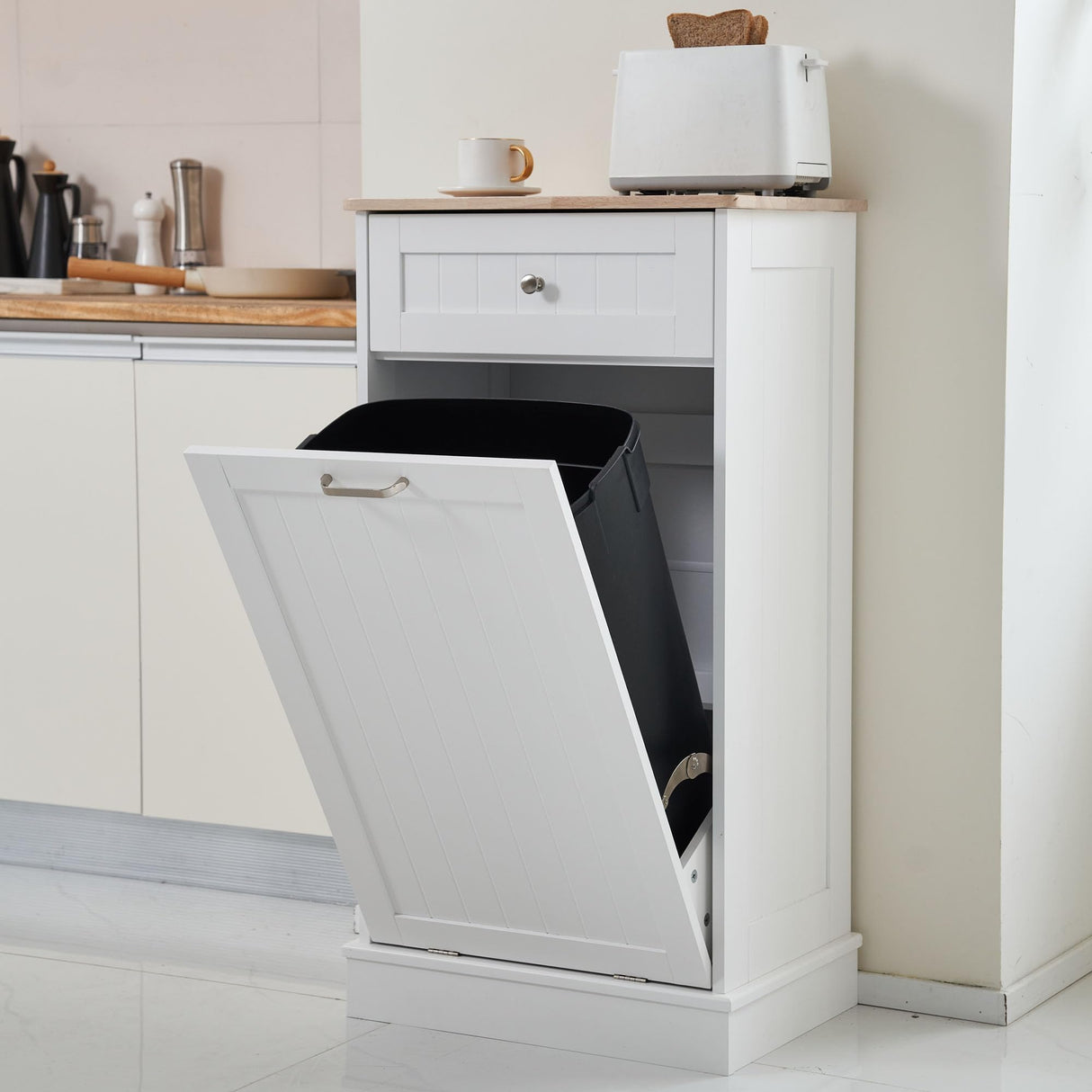 Spurgehom 13 Gallons Tilt Out Trash Cabinet Kitchen Waste Bins Free Standing Laundry Hamper Recycling Cabinet Trash Can Holder with Hideaway Drawer Pet Proof Trash Can for Living Room, White Spurgehom