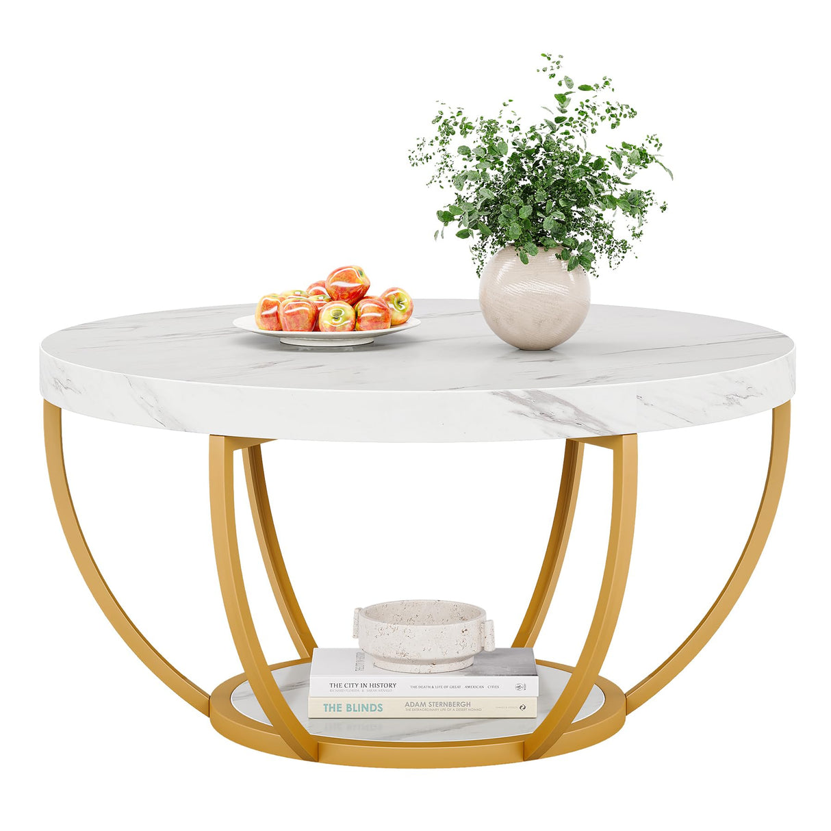 Tribesigns Modern Round Coffee Table, 2 Tier Coffee Table with Faux White Marble and Golden Metal Legs, Circle Center Table Tea Table Accent Furniture for Living Room, White and Gold Tribesigns
