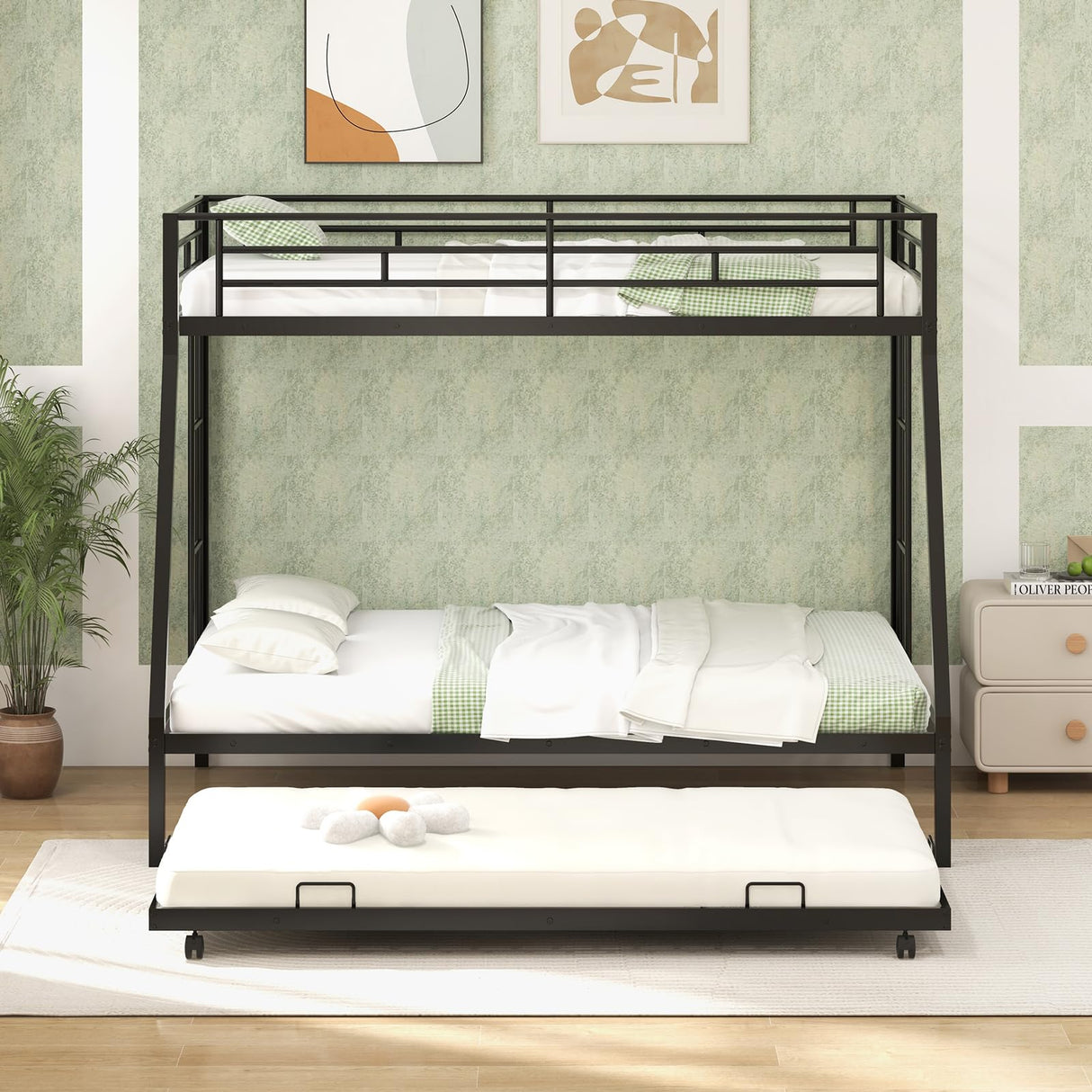 Giantex Twin Over Full Bunk Bed with Trundle, Heavy-Duty Metal Triple Bunk Beds w/Two Side Ladders & Safety Guard Rail, 3 in 1 Bunk Beds for Kids Teens, No Box Spring Needed, Black Giantex