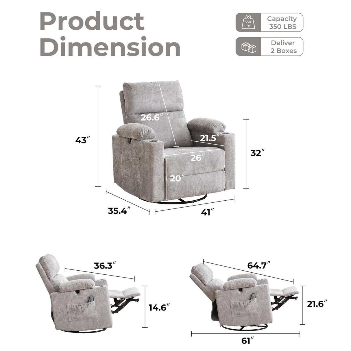 Oversized Power Recliner Chair Swivel Glider with Massage and Heat, Swivel Rocker Recliner with Adjustable Armrests, 26" Nursery Chair with Adjustable Headrest, Rocker Nursery Recliner, Light Grey Rhevoy