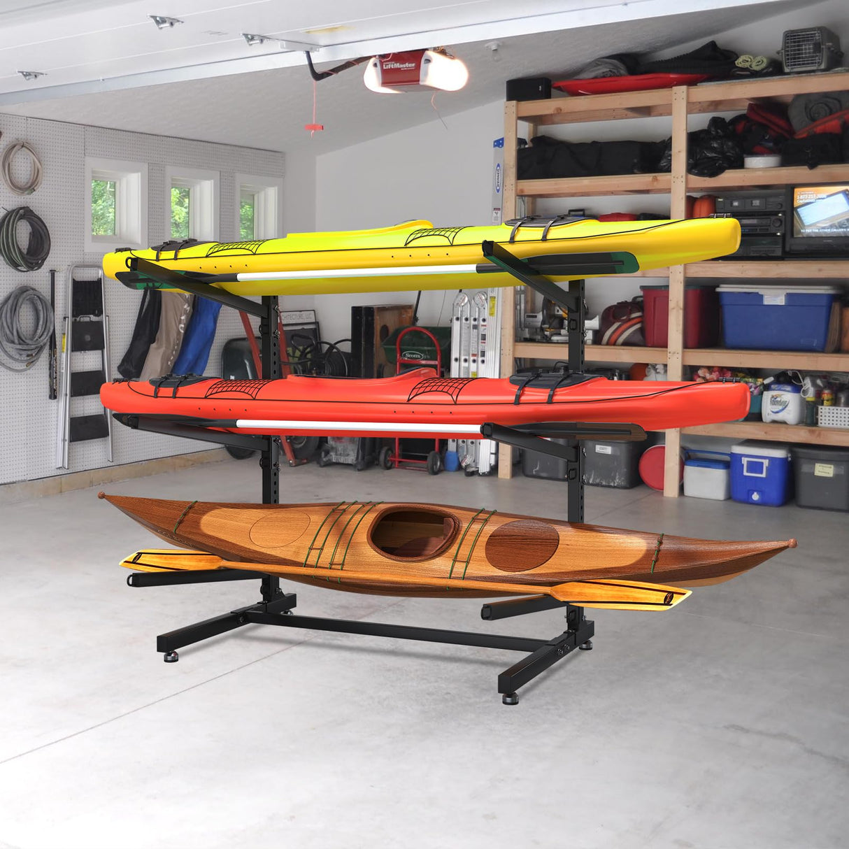LotFun Kayak Storage Rack, Freestanding Heavy Duty Adjustable Kayak Stand Indoor Outdoor Storage Rack Garage, with Wheels and Foot Pad, for Kayaks, SUPs, Canoes, Surfboard(3 Levels) LotFun