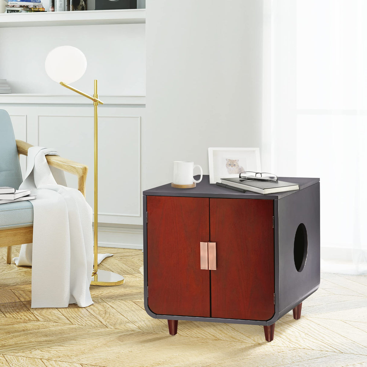 Teamson Pets Dyad Hidden Litter Box Enclosure & Mid-Century Side Table Combination with Side Entrance & Double Doors, Mocha Walnut Staart