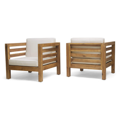 GDFStudio Louise Outdoor Acacia Wood Club Chairs with Cushions (Set of 2), Teak Finish and Beige