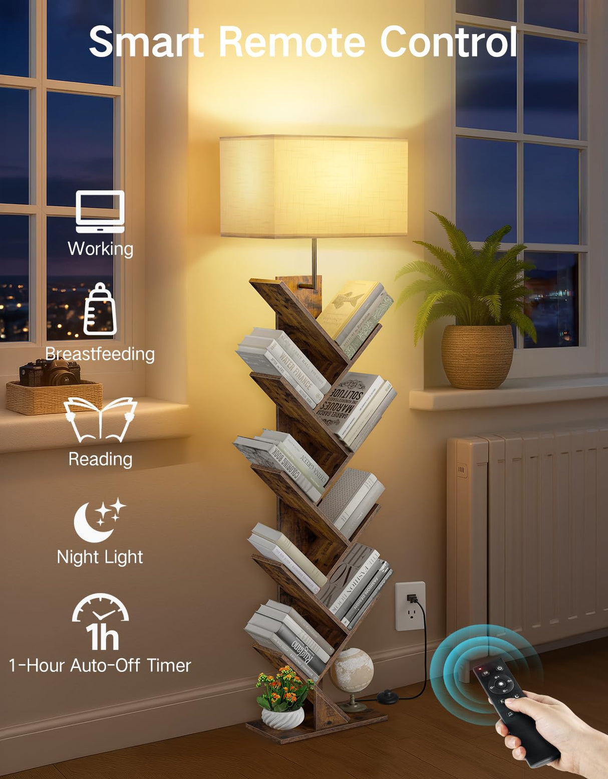 OUTONLIFE 9 Tier Tree Bookshelf with Light, Remote & Timer, Modern Tall Floor Standing Book Shelf, Narrow Wood Bookcase, Small Book Organizer Shelves for Living Room, Bedroom, Office (Rustic Brown) OUTONLIFE