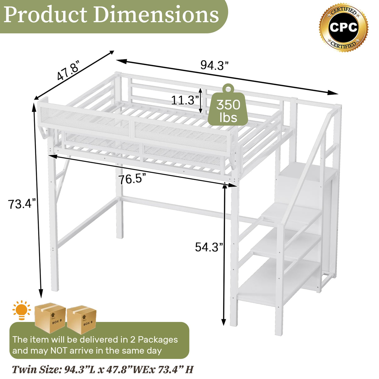 Mirightone Twin Size Loft Bed with Stairs and Storage, Metal Loft Bed Frame with A Shelf and Large Under-Bed Space, Heavy-Duty Loft Beds for Kids Boys Girls Teens, White Mirightone