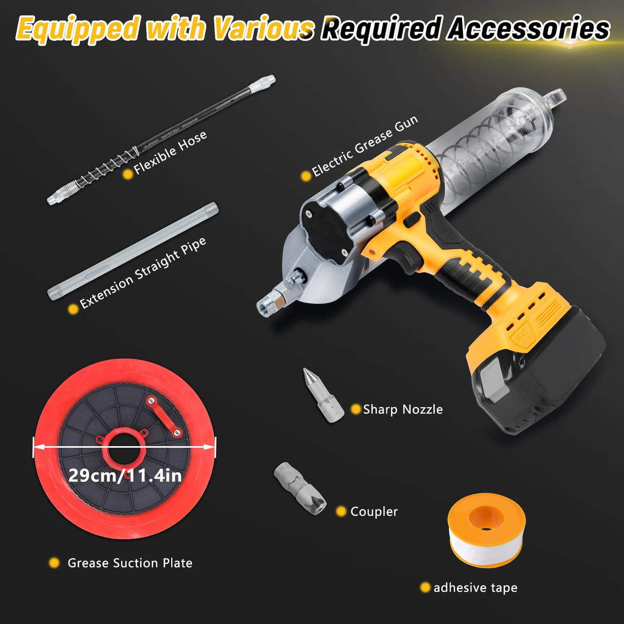Daspom Cordless Grease Gun Compatible with De-Walt 20V Battery, 13000 PSI Brushless Motor Electric Grease Gun with 600ml Grease Cartridges and Accessories (No Battery Included) Daspom