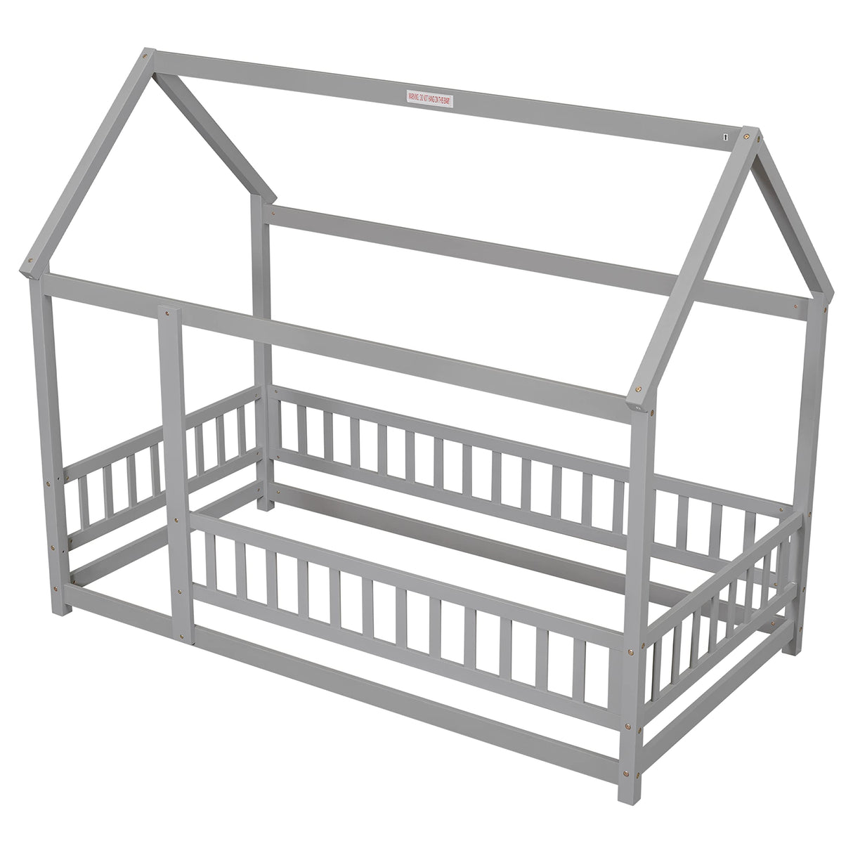 PVWIIK Twin Size Montessori Floor Bed with Roof & Fence Guardrails for Boys Girls Bedroom,Twin Size Floor Wooden Bed Frame,Easy Assemble,No Box Spring Needed, Gray PVWIIK