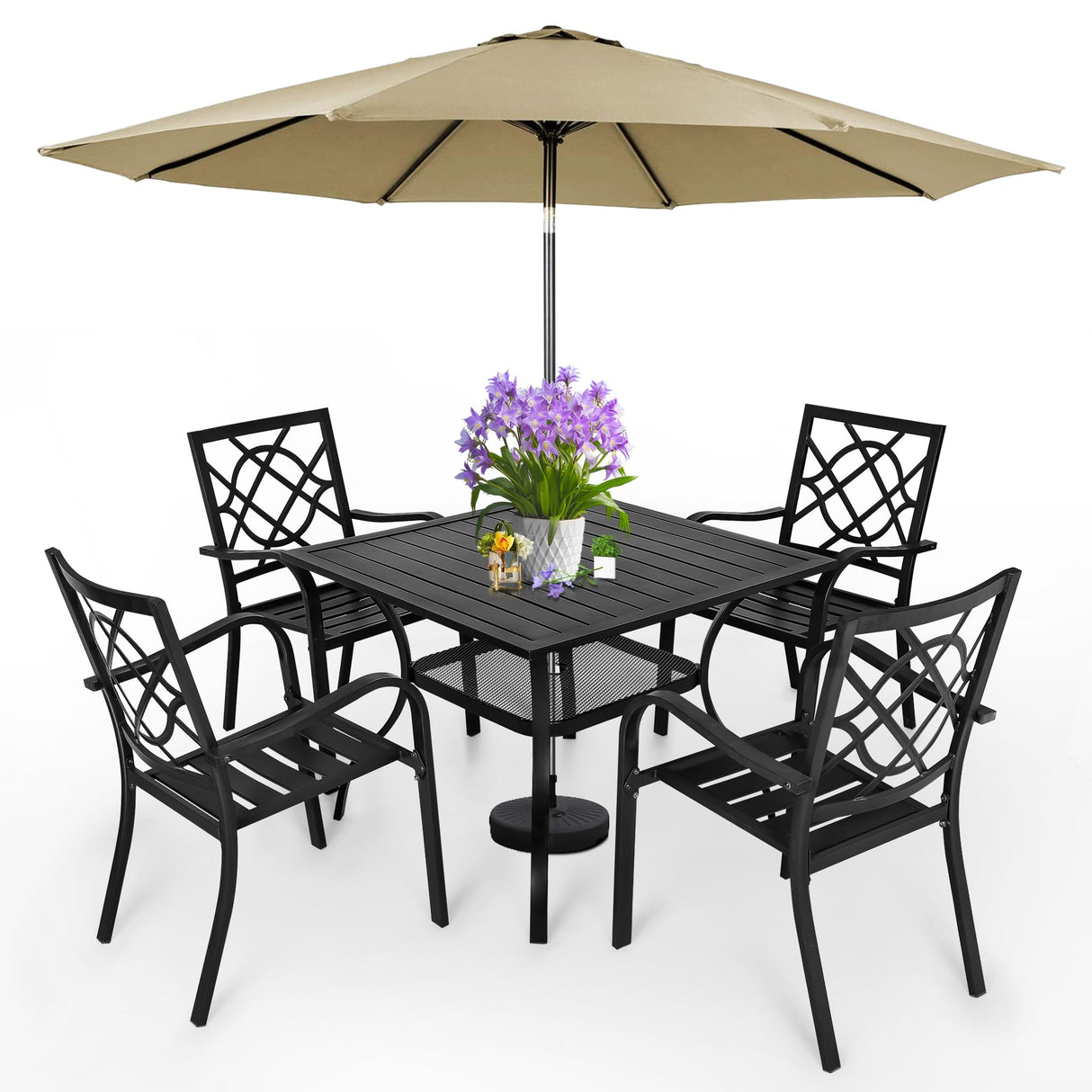 SUNCROWN 5-Piece Outdoor Wrought Iron Chairs and Table Patio Dining Furniture Set - 4 Stackable Metal Chairs, 1 Steel Slat Bistro Table and 1 Brown 9Ft Patio Umbrella for Garden Backyard Deck SUNCROWN