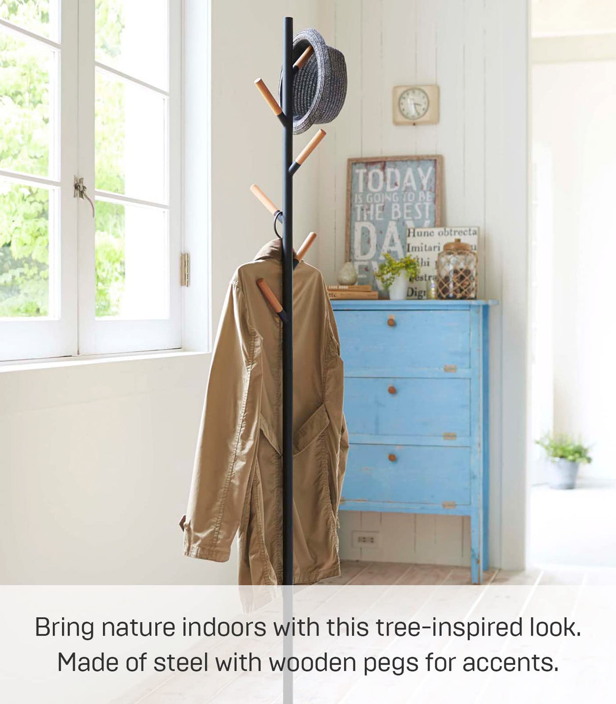 Yamazaki Home Plain Freestanding Coat Hanger Rack With Wooden Hooks, Space Saving, 70" - Steel YAMAZAKI