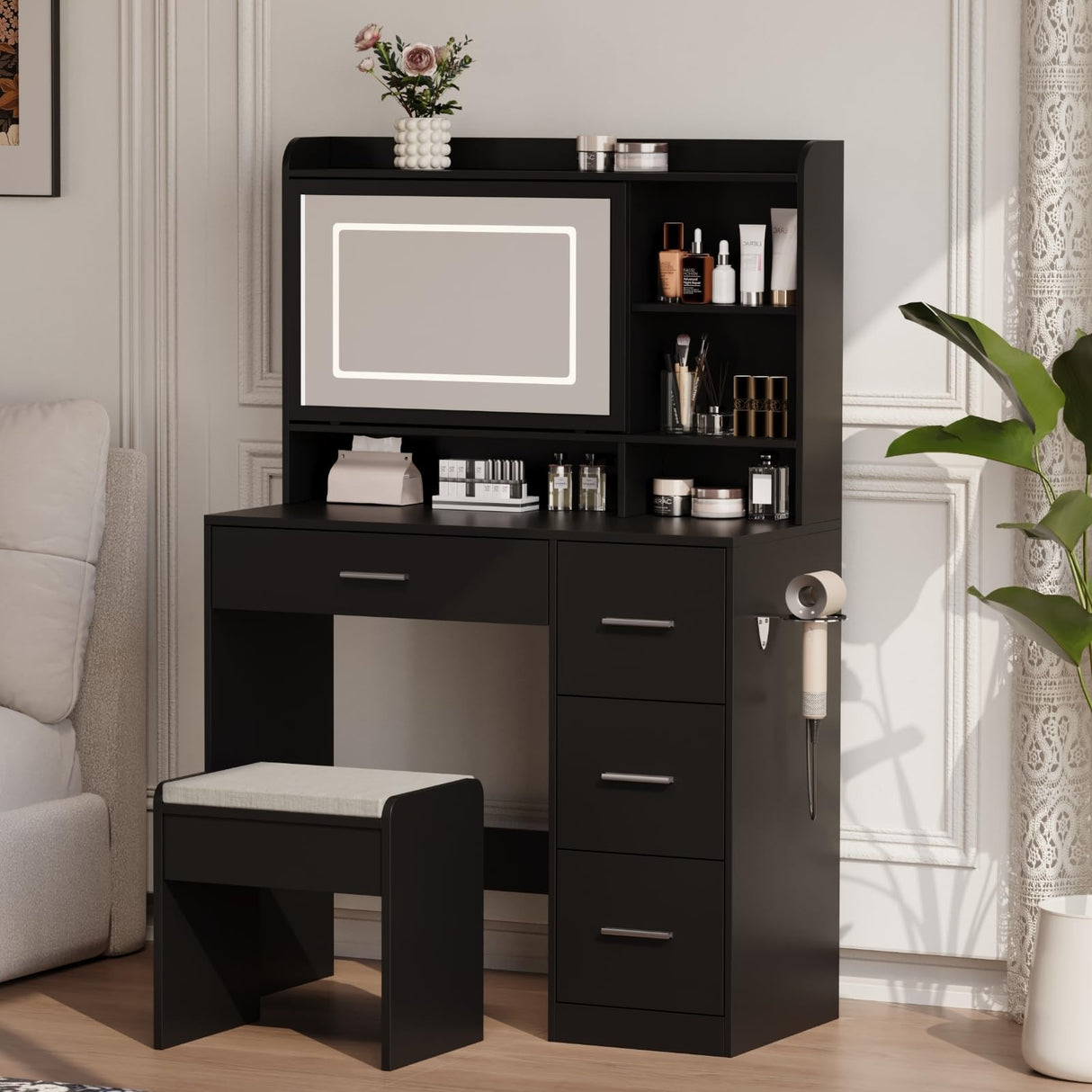 Viaozutis Vanity Desk with a Mirror and Lights,with Chair and Four Drawers, Three Adjustable Lighting Modes,with Power Outlet and Sliding LED Mirror,Bedroom Vanity Desk (Black) Viaozutis