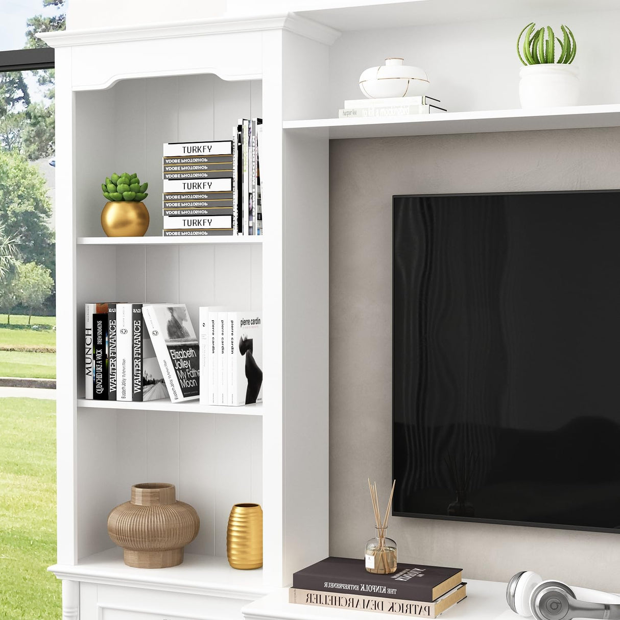 ECACAD 4-Piece Entertainment Center Wall Unit with Bookshelves for TVs up to 60", Multifunctional TV Stand Media Console Table with Glass Doors, Shelves, Drawers & Doors, White ECACAD