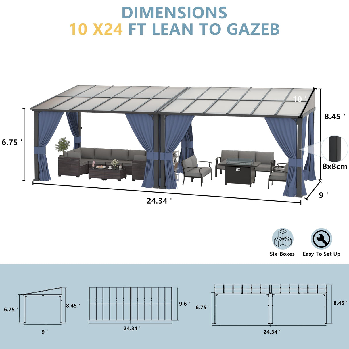Kurapika 10’ x 24’ Gazebo, Wall Mount Gazebo Outdoor Pergola, Hardtop Lean to Gazebo Canopy Awnings with Sloped Roof and Sturdy Steel Frame, for Patio, Porch, Deck, Backyard(Navy Blue) Kurapika