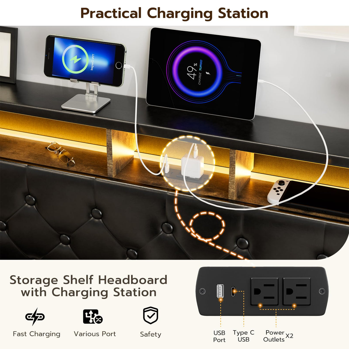 IKIFLY Queen Bed Frame with 4 Drawers, Storage Headboard, LED Lights & Charging Station in Black IKIFLY