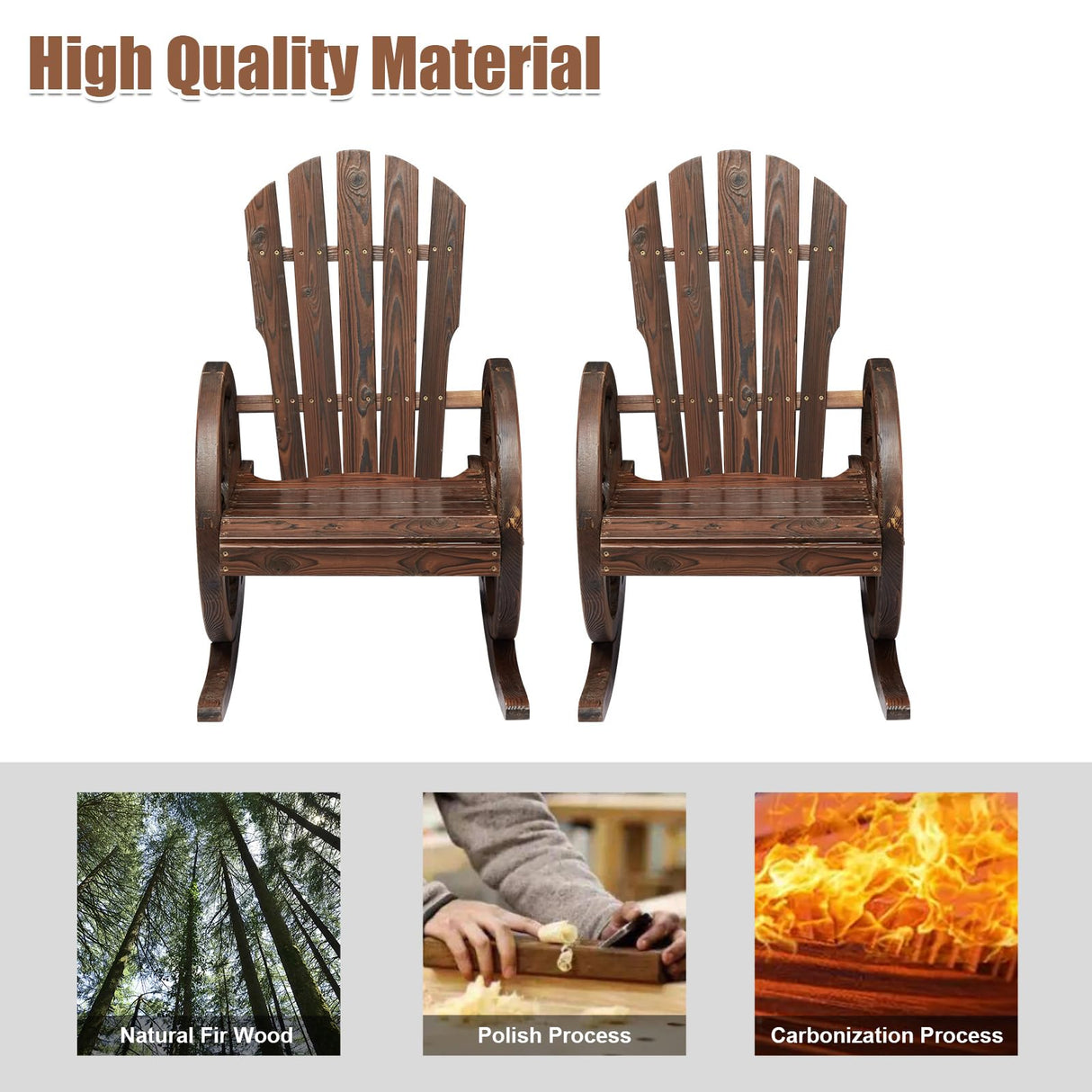 kinbor Rustic Outdoor Rocking Chairs Set of 2 - Rocker Chairs Wooden with Oversized Back and Wagon Wheel Armrest, Porch Patio Lawn Garden Furniture, Brown kinbor