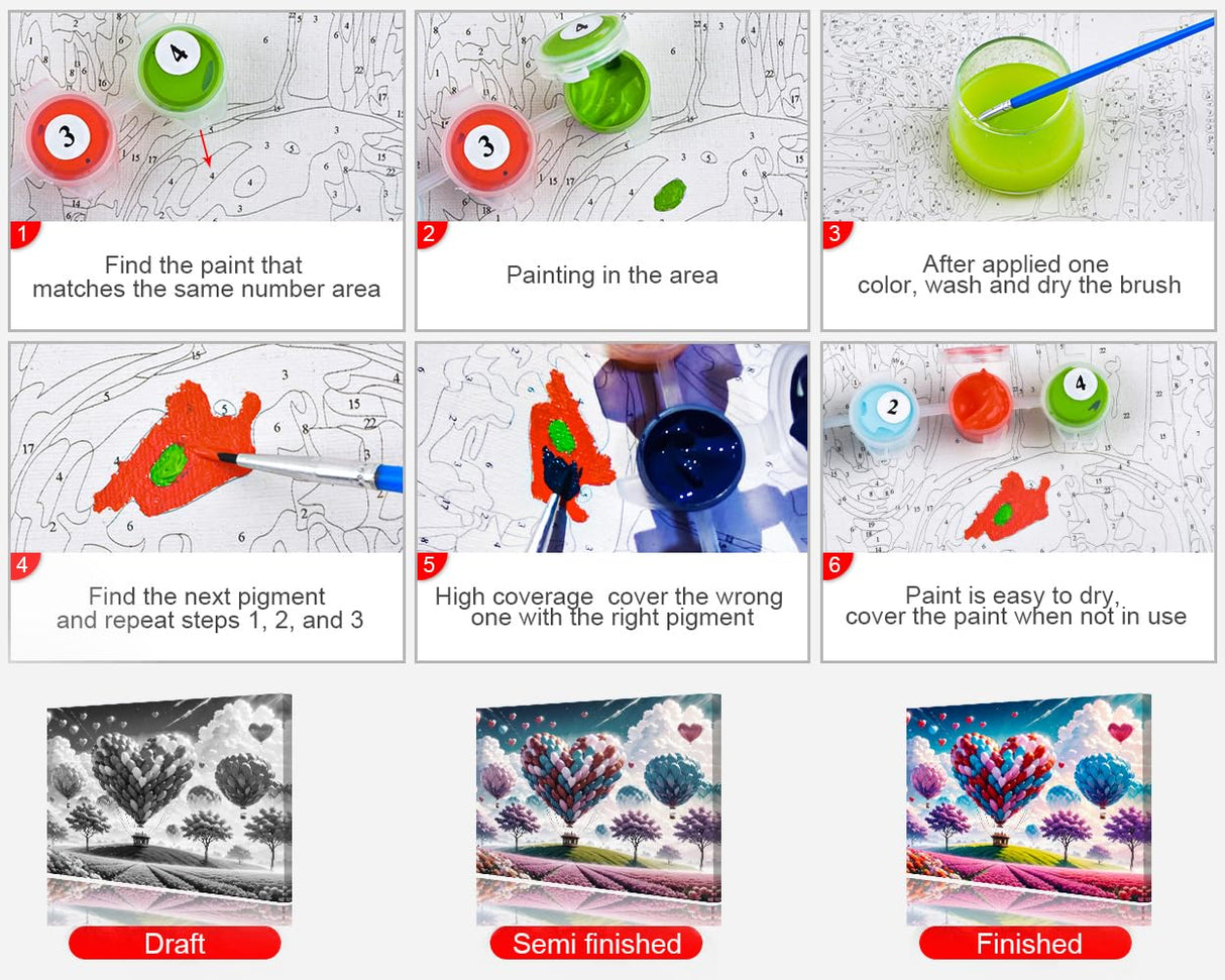 Romantic Paint by Numbers Kit for Adults Heart-Shaped Balloon and Pink Clouds and Flower Fields Paint by Number with Brushes and Pigment, Tarot Banner Oil Painting, 16x20 Inch TUMOVO