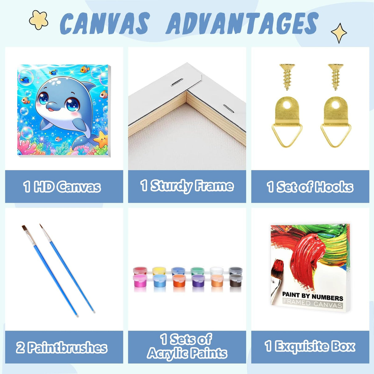 XTCIXAL Paint by Numbers Kit for Kids with Frame, Dolphin Paint by Number Kids Age 5-8-12, Paint by Number with Frame for Gifts and Home Decor 8X8 Inch XTCIXAL