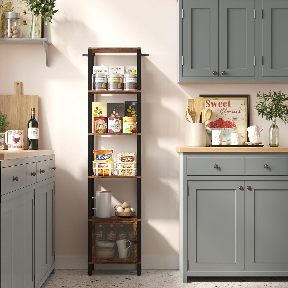 TUTOTAK 6 Tier Brown Bookcase with Door – Versatile Narrow Shelf for Small Spaces TUTOTAK