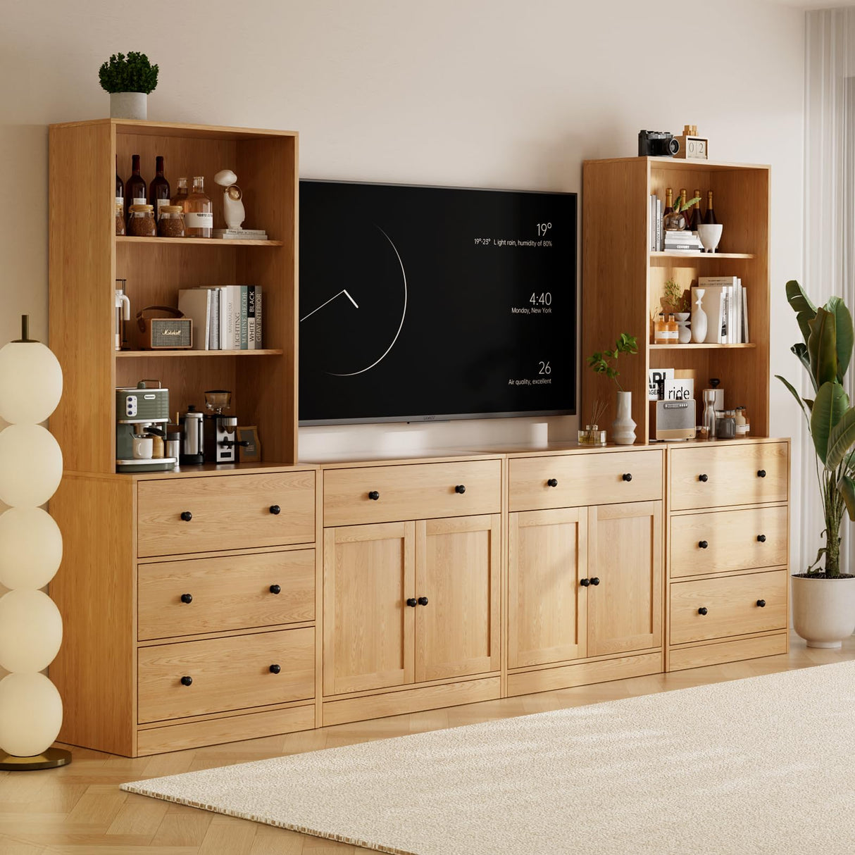 TUSY 4-Piece Large TV Stand with Bookshelves for TVs up to 75", TV Entertainment Center Media Center with Tempered Glass Doors and Shelves, TV Hutch for Living Room White (Wood) TUSY